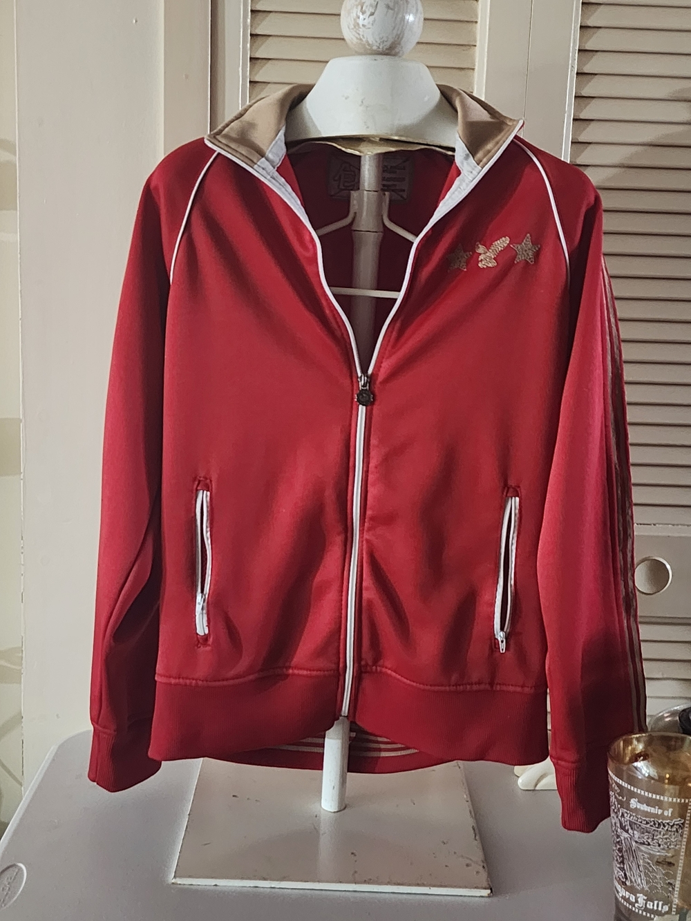 American Eagle Outfitters Red Track-Style Zip Jacket with White Trim